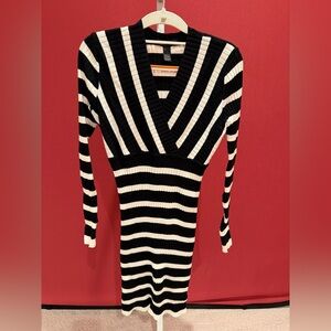 INC International Concepts Black and White Striped V-Neck Knit Dress